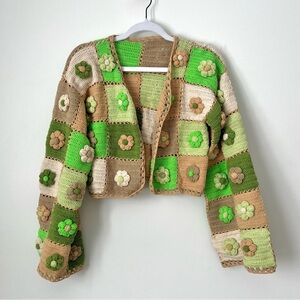 Handmade Crochet Patchwork Cardigan - Green and Tan